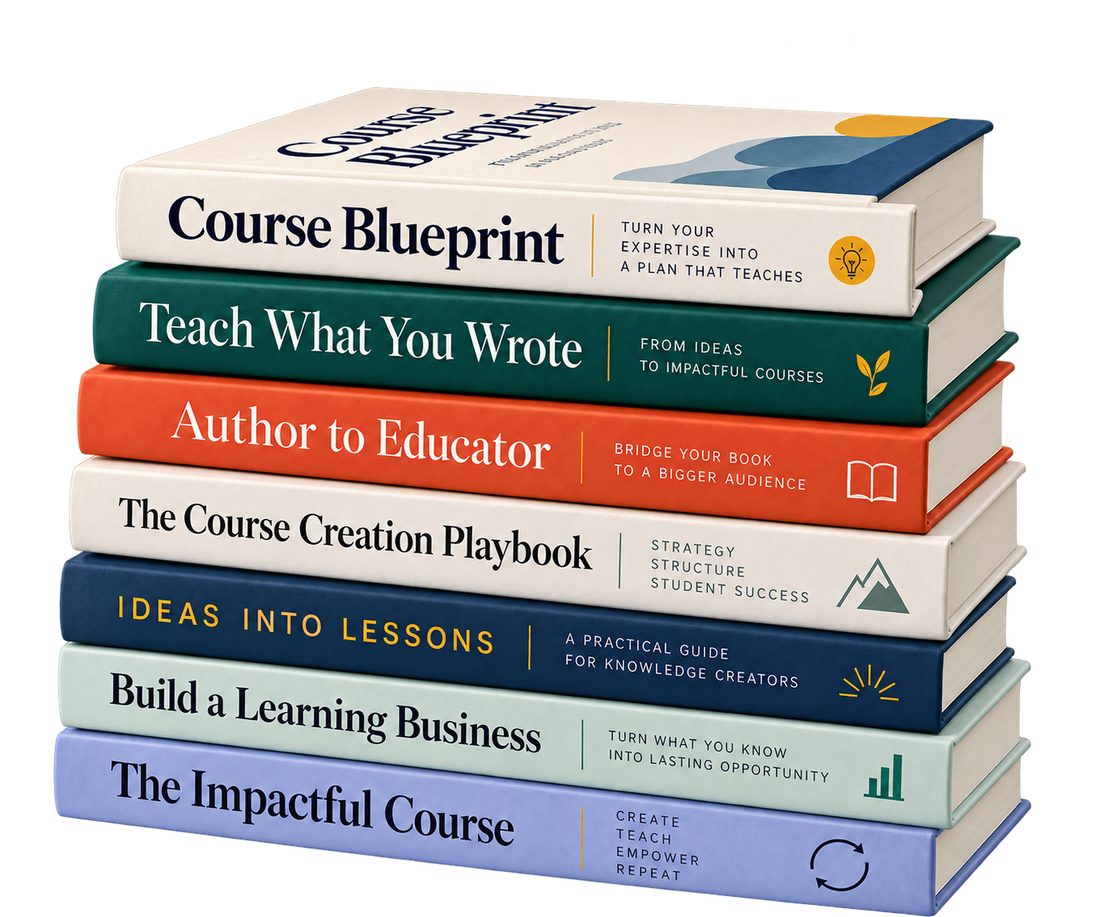 A stack of nonfiction books on course creation, teaching and building a learning business
