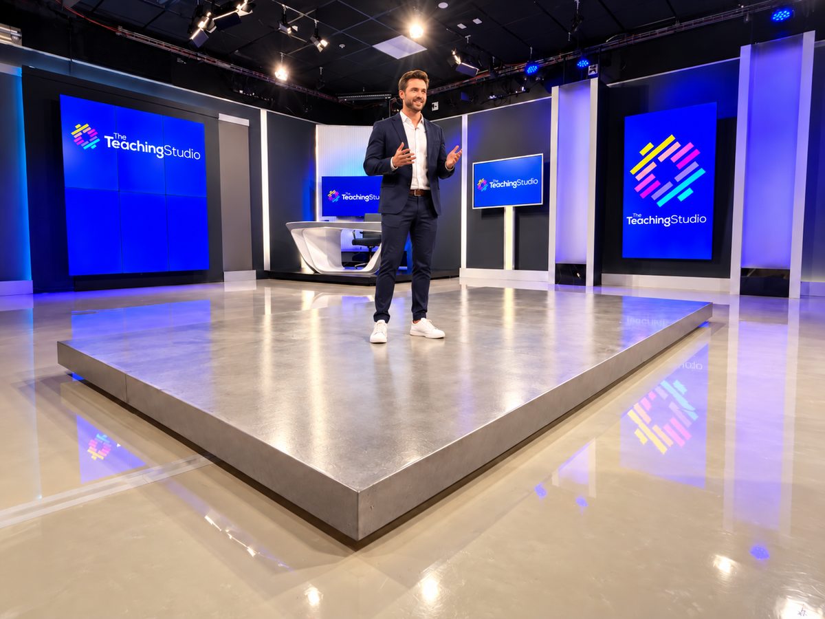 A course creator presenting on the main stage at The Teaching Studio